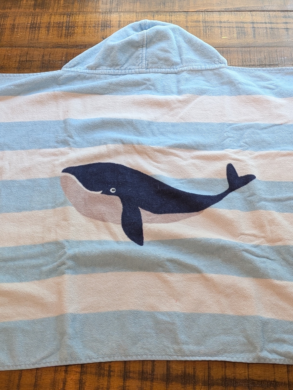 Pottery Barn Kids White & Blue Stripe Whale Cotton Hooded Towel